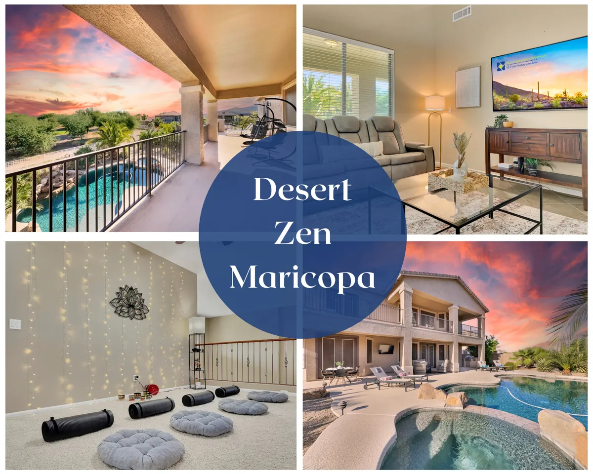 The image showcases the exterior of a spacious single-family home in Maricopa, Arizona, with a gorgeous sunset view from the balcony, a sparkling outdoor pool area, and inviting indoor spaces visible through wide windows—hinting at a cozy living room and a tranquil yoga/meditation nook.